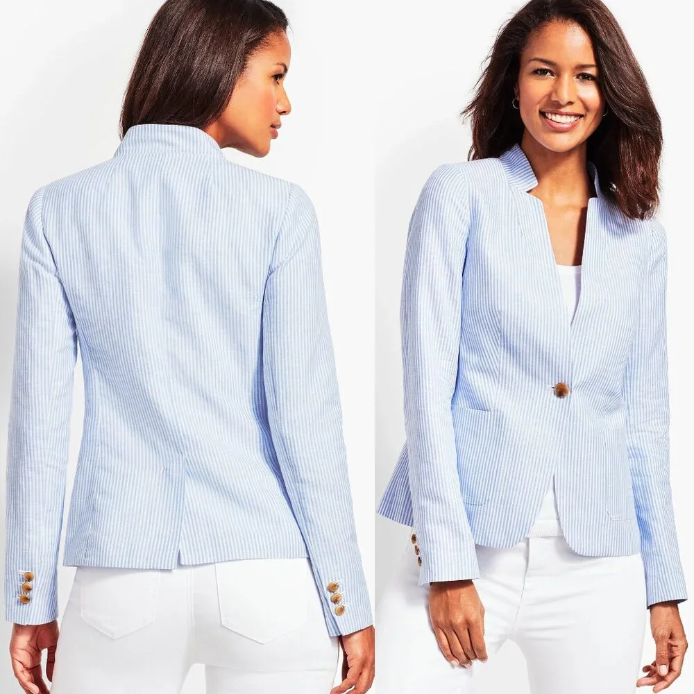Talbots Light Blue White Stripe Lightweight Blazer Jacket 6 Linen Cotton $159 - Picture 2 of 16